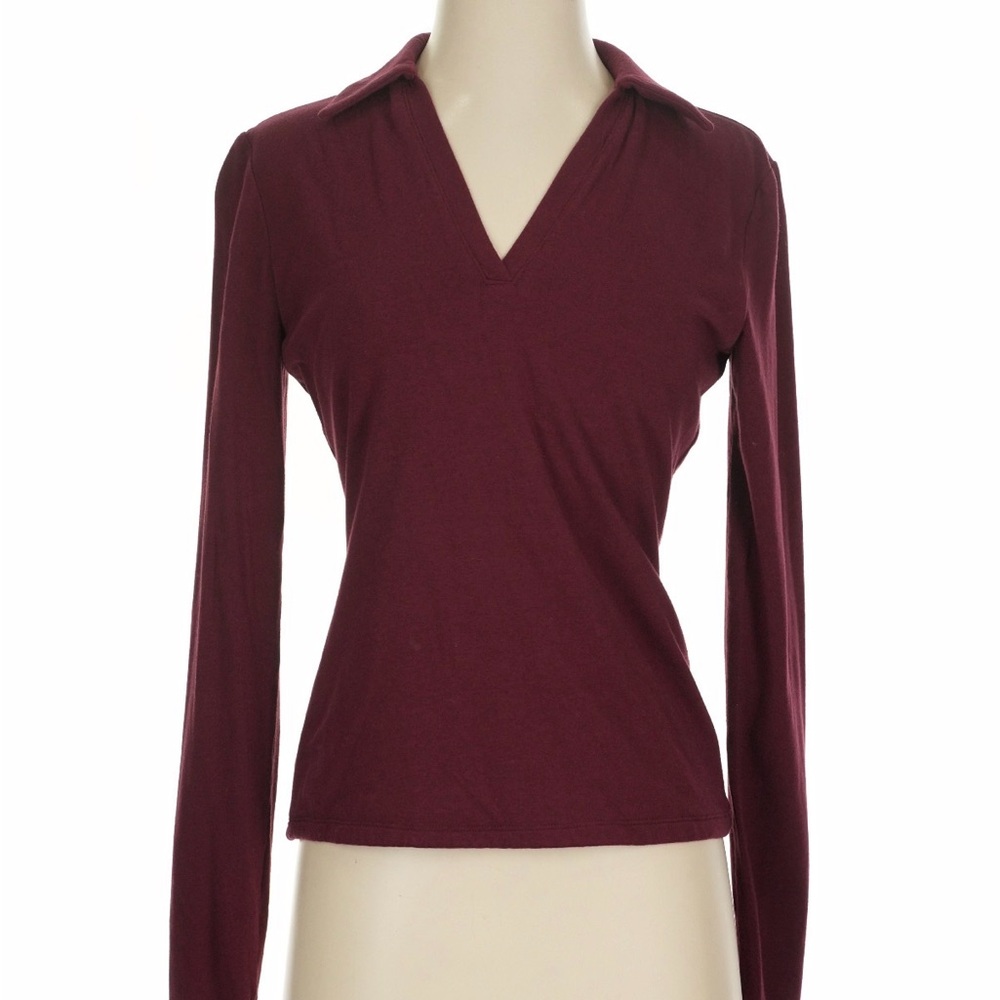 Banana Republic Long Sleeve V-Neck Collared Top - Maroon